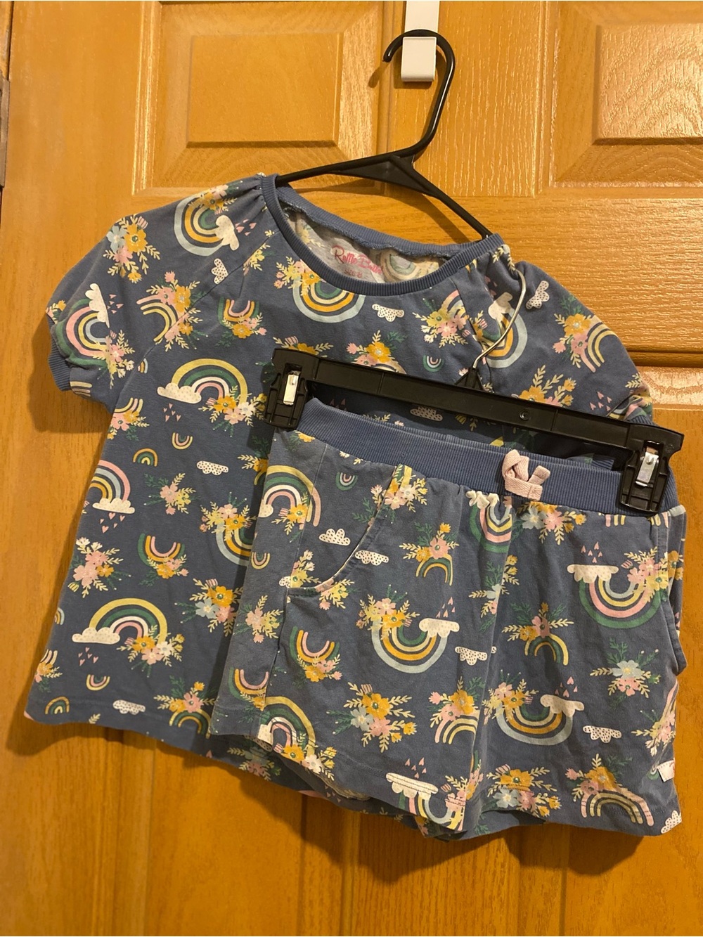 Ruffle Butts Blue Rainbow Floral Top & Skirt Set